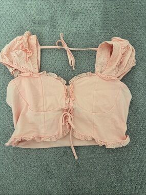 La Hearts Blush Pink Eyelet Ruffle Tie-Front Crop Top